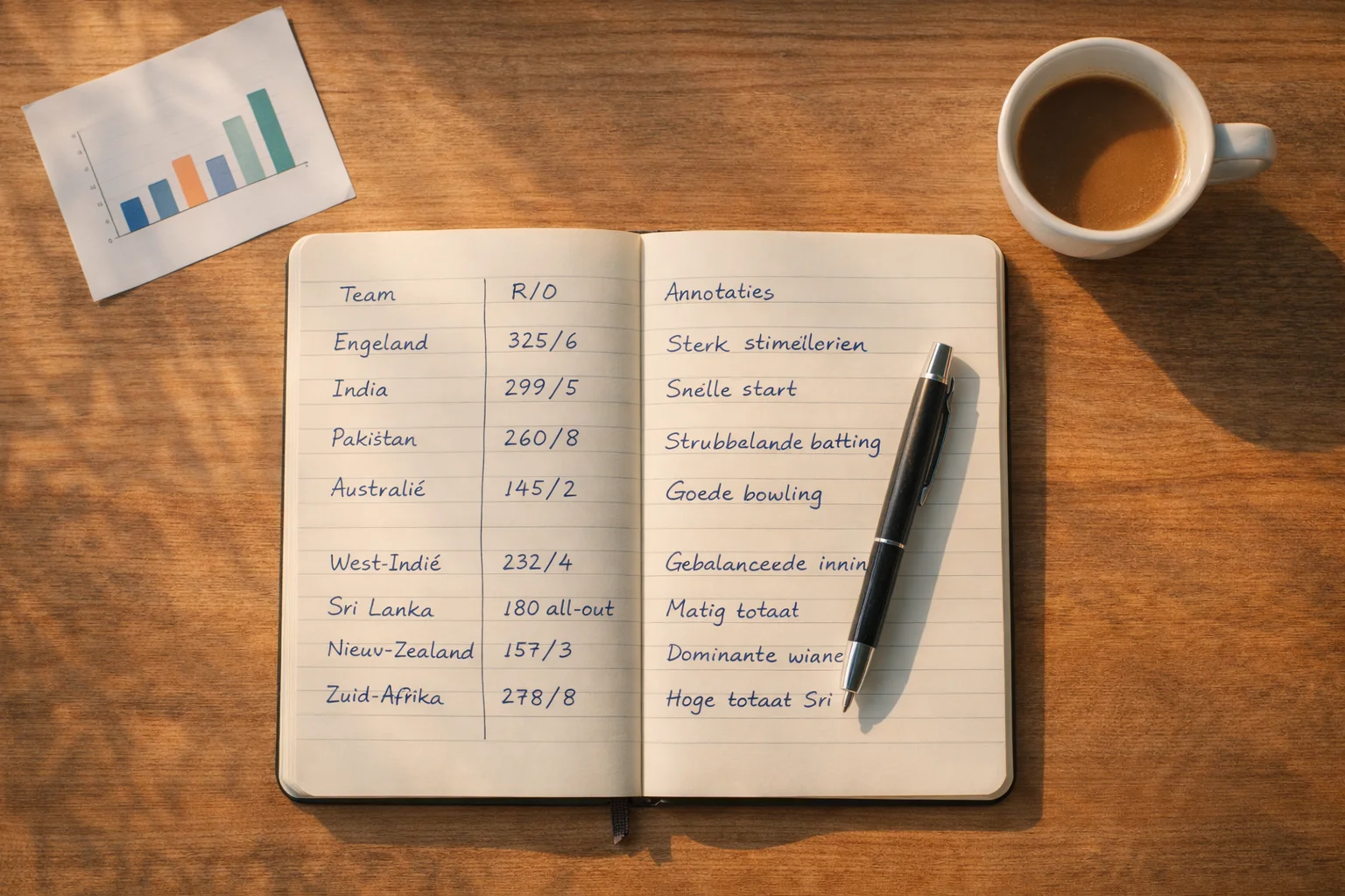 Notitieboek met cricketstatistieken en een pen op een houten bureau naast een kop koffie