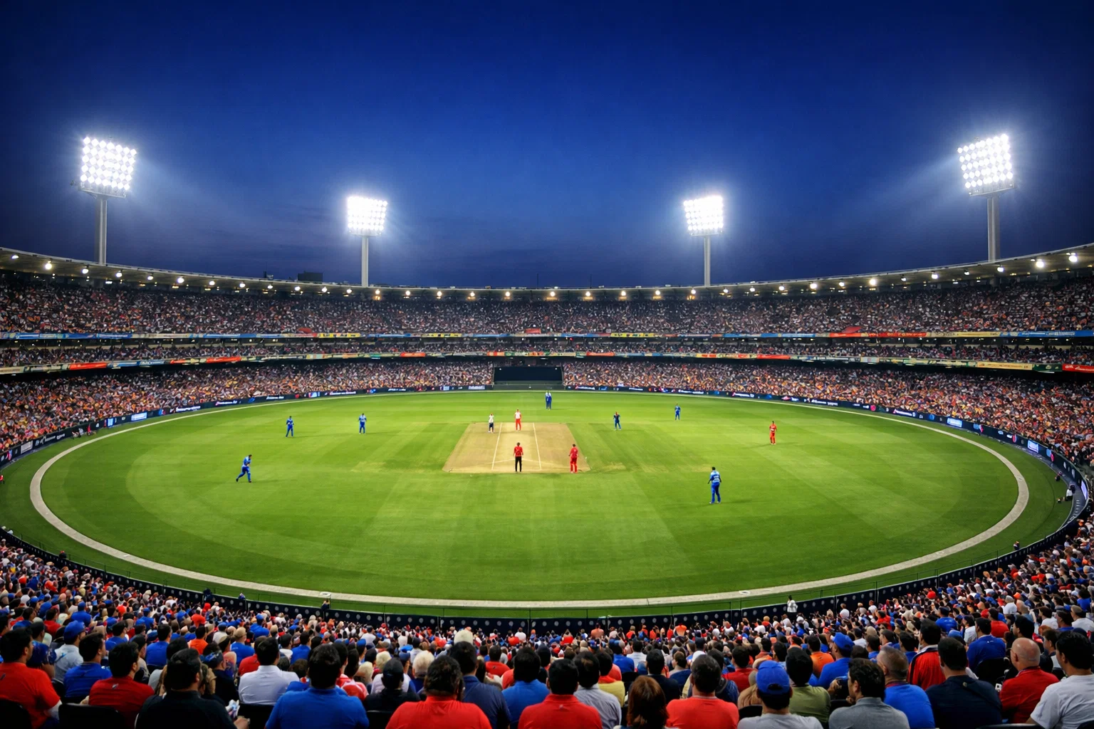 Volgepakt cricketstadion tijdens een avondwedstrijd van de Indian Premier League