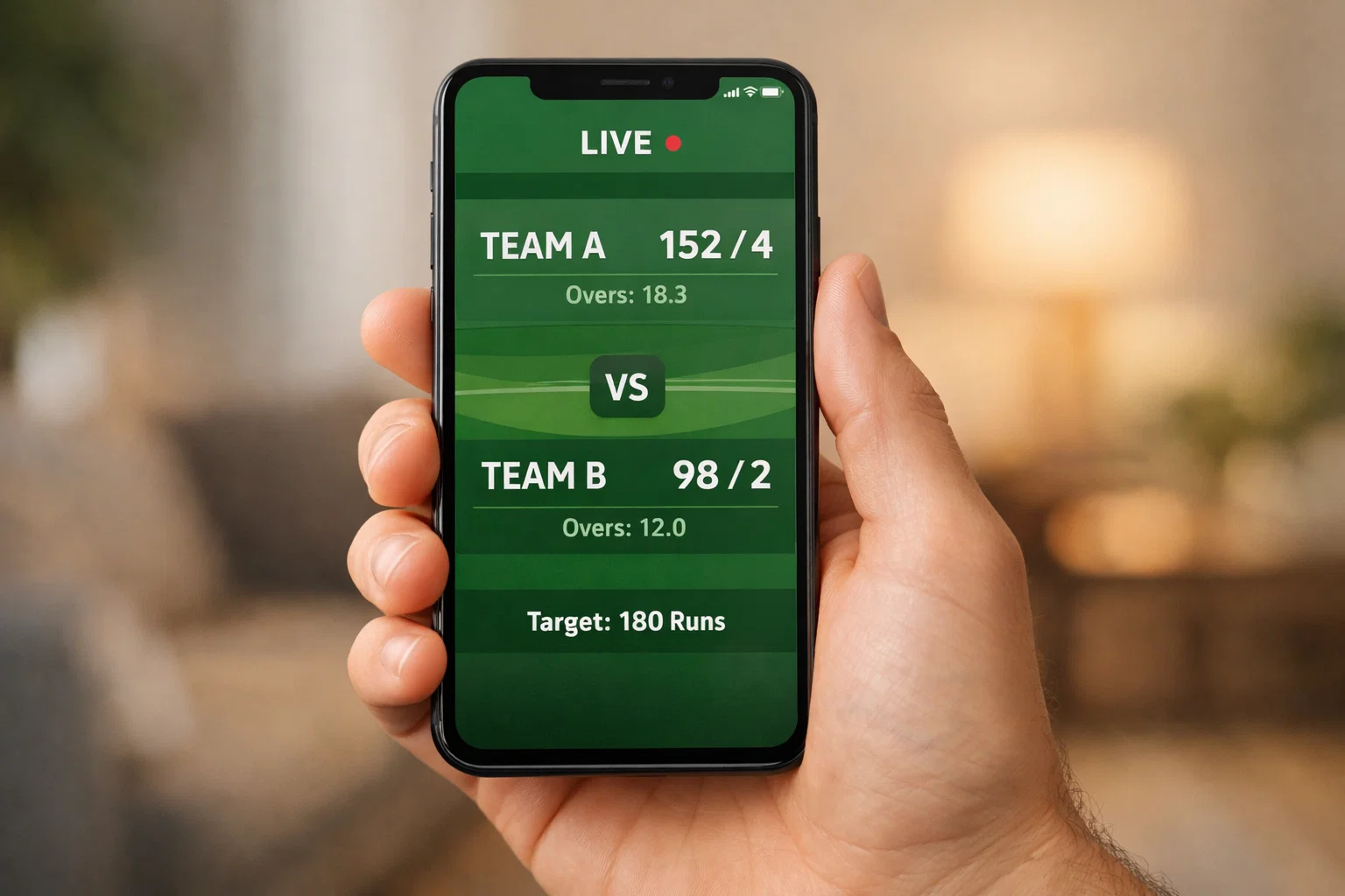 Hand met een smartphone die een live cricketwedstrijd toont met groene sportinterface